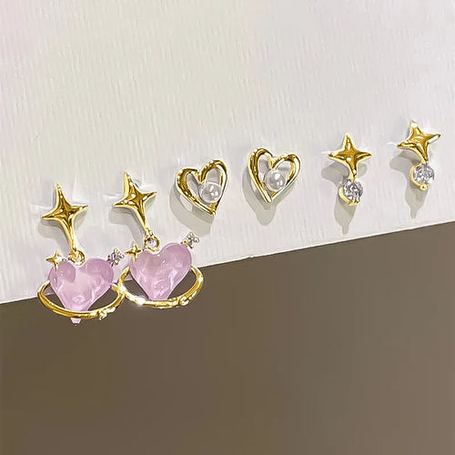 2/6Pcs Set Heart Stud Earrings Women'S Personality Korean Fashion Y2K Pink Crystal Temperament Star Earrings Piercing for Ears